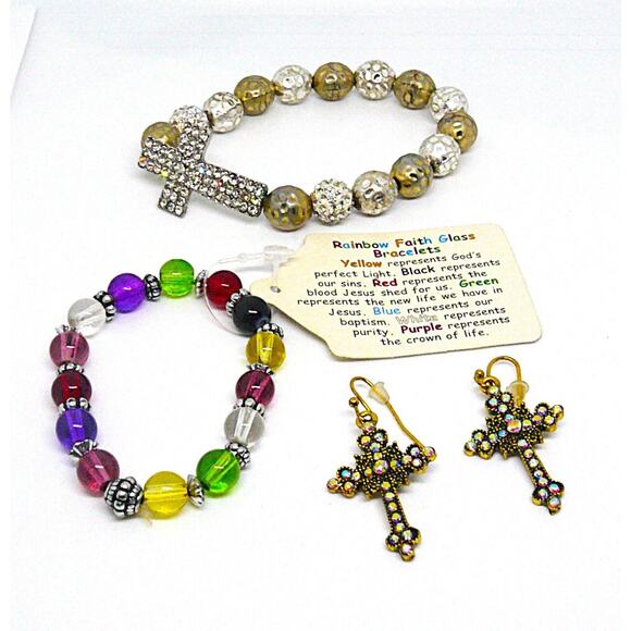 Religious Spiritual Jewelry Aurora Borealis Cross Earrings & 2 Bracelets VTG Lot - Picture 1 of 7